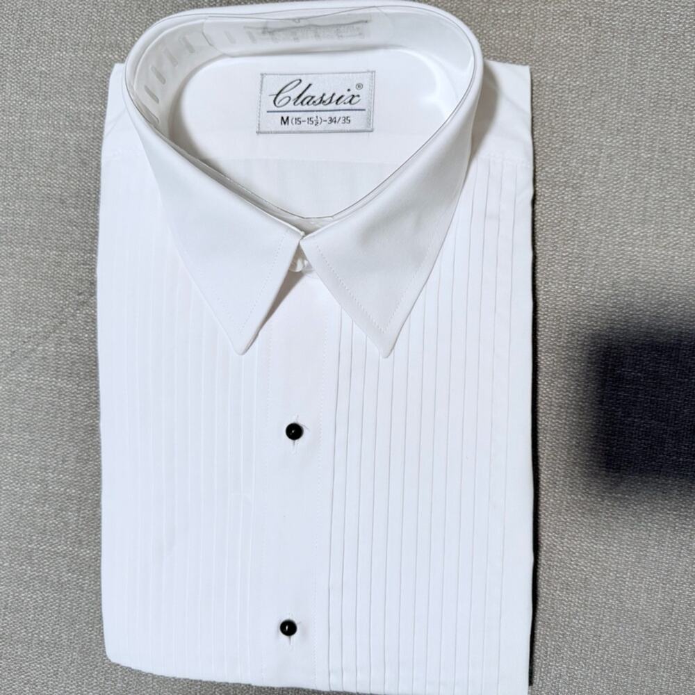 NWT Classix White Pleated Formal Dress Shirt Long Sleeve, M 15-15.5 34/35